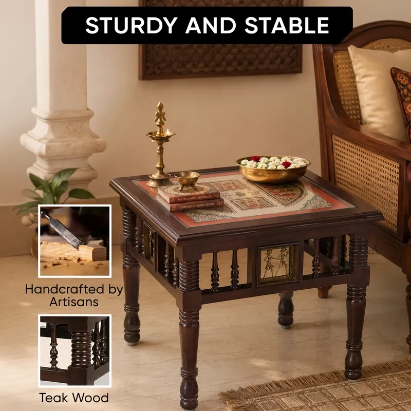 Square teak wood side table with decorative top and turned legs