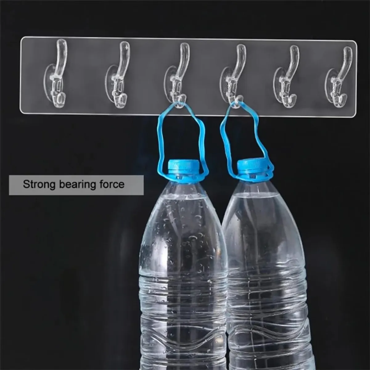 Transparent six-hook strip displayed with two hanging water bottles