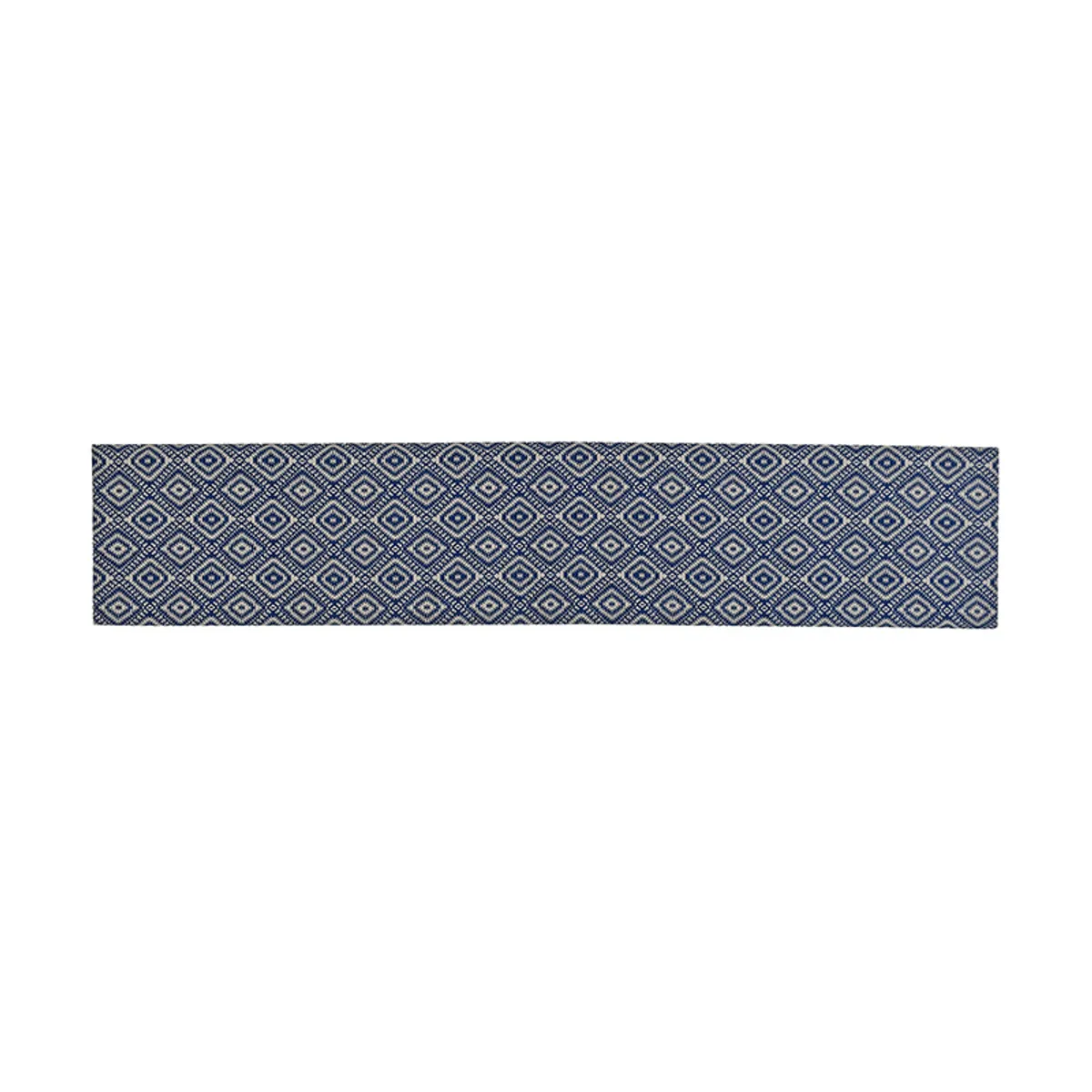 Blue and off-white geometric table runner laid flat on a white background