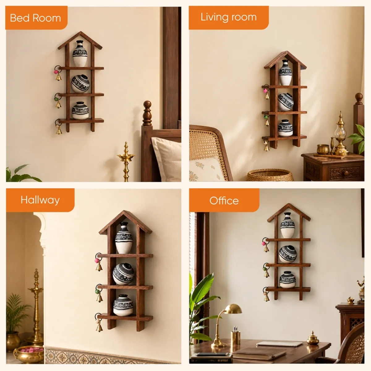 Wall shelf being positioned on a wall, with three patterned vases and hanging bells