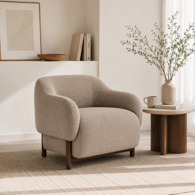 Silhouette Teak Wood & Suede Accent Chair - Beige
