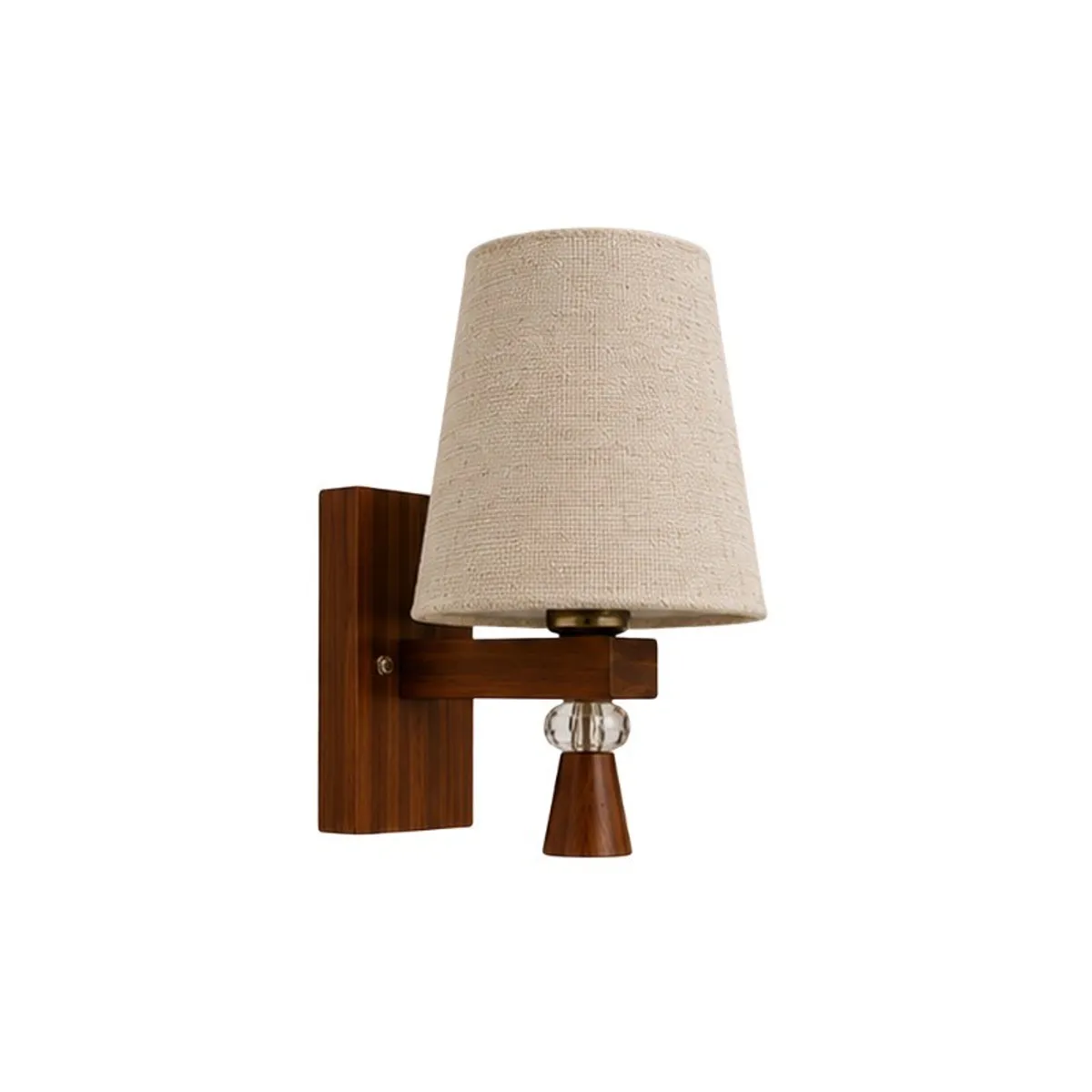 Front view of the beige jute-shade wall lamp with a dark wood base.
