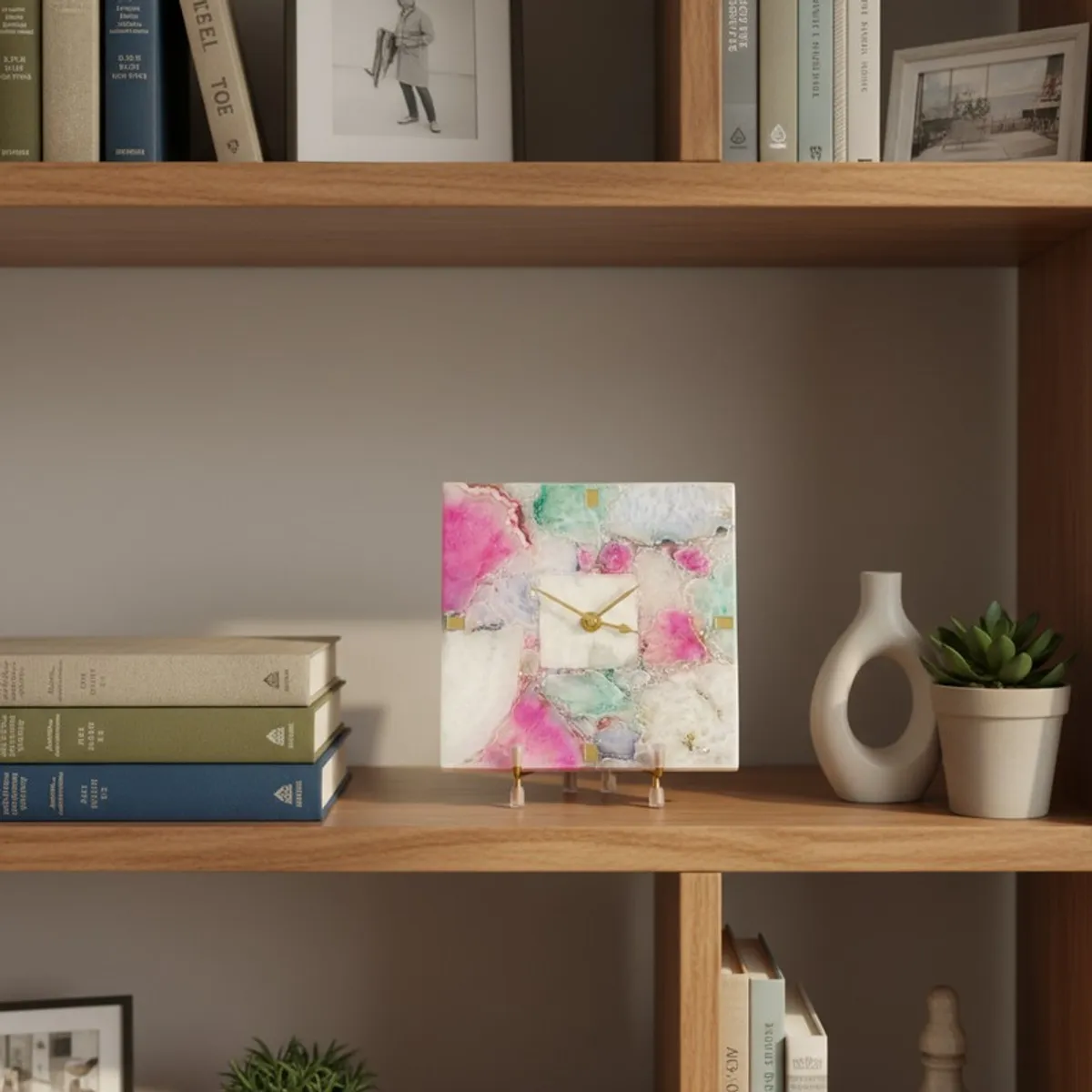 Square pastel agate table clock styled on a wooden shelf with books and decor
