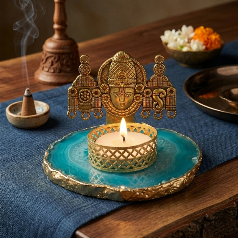 Temple Blessing Agate Tea Light Candle Holders - Blue,Gold