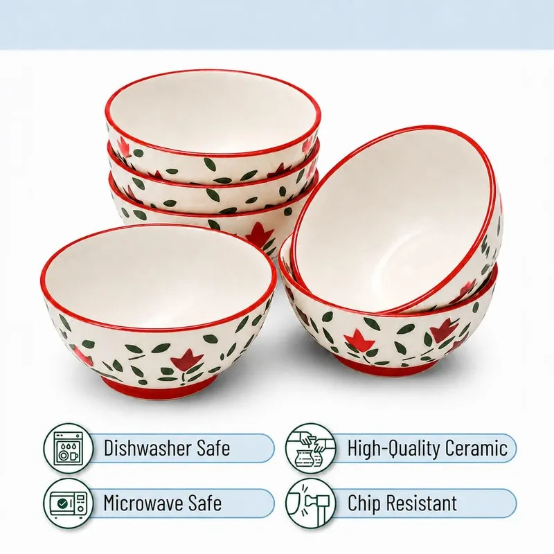 Red and white floral ceramic bowls shown stacked and individually