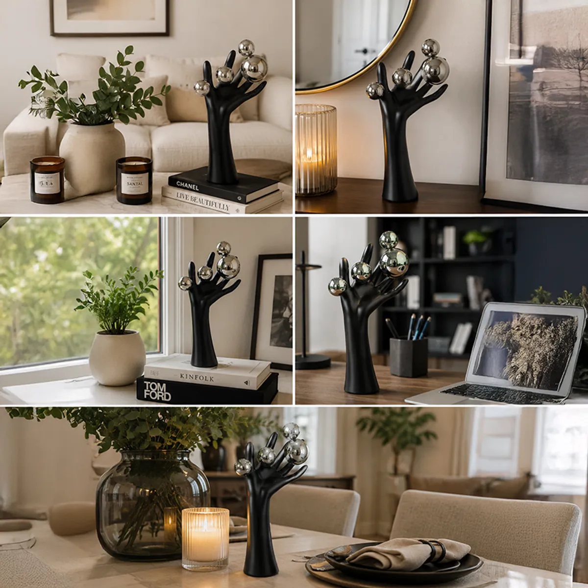 Collage of the black hand sculpture styled in living room, window and desk settings