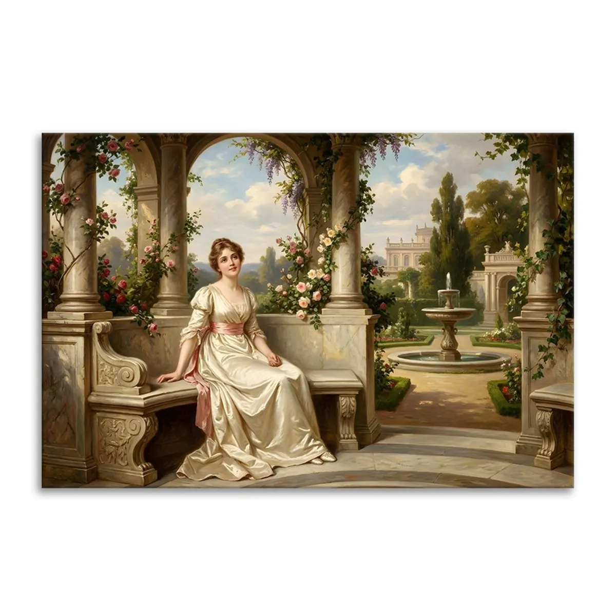 Front view of rectangular canvas art with a lady in an arched courtyard and garden fountain