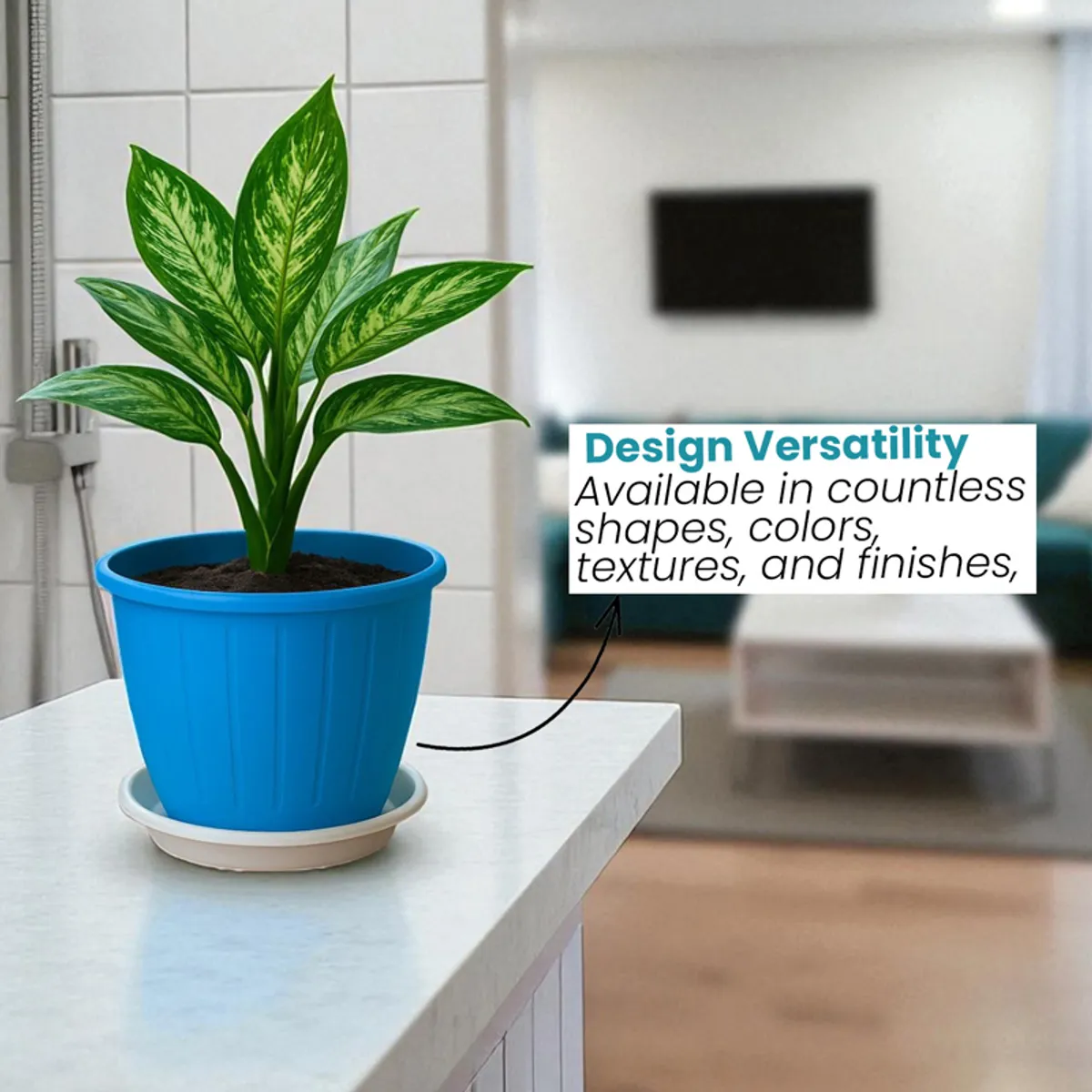 Blue planter with a leafy plant and white tray shown in an indoor setting.