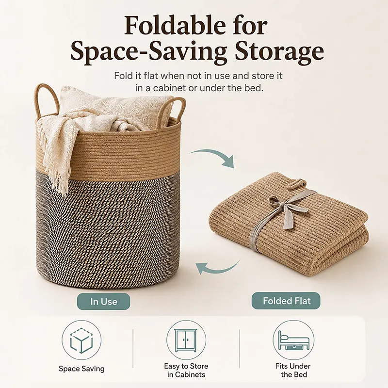 Brown woven basket shown upright and folded flat for storage