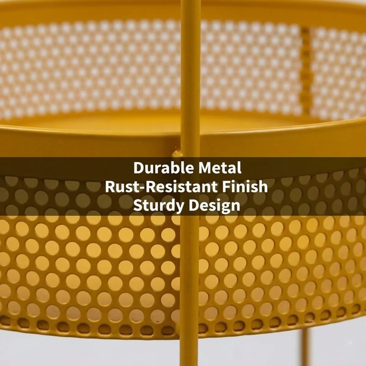 Close-up of the yellow organiser's perforated metal finish