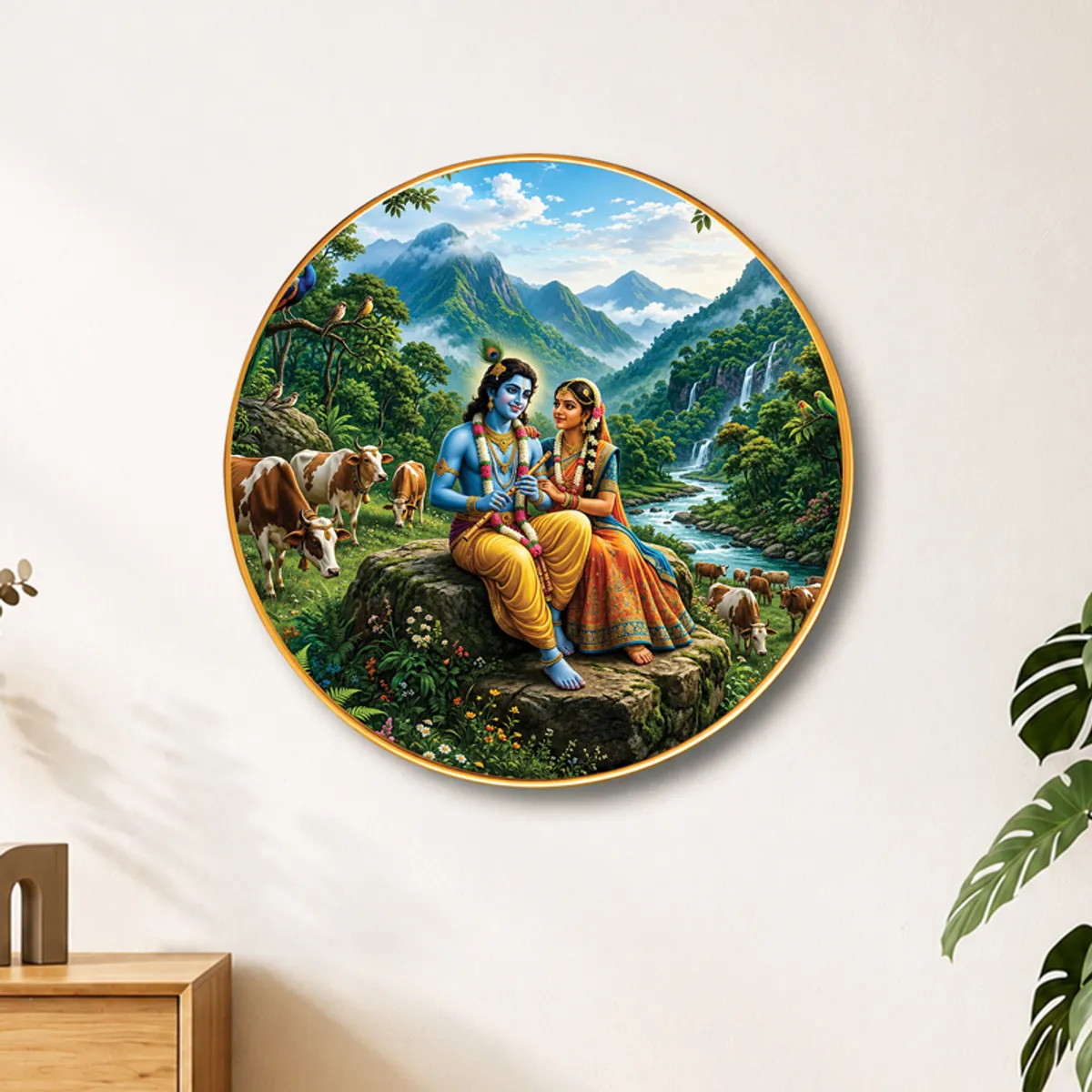 Round devotional wall art showing Radha Krishna in a lush Vrindavan landscape