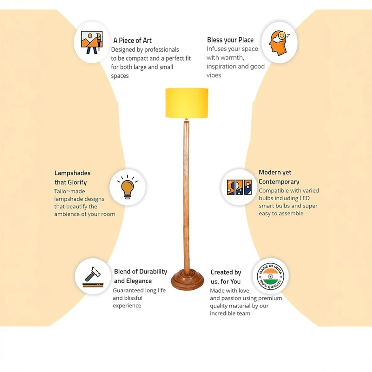 Promotional graphic showing a wooden floor lamp with yellow drum shade