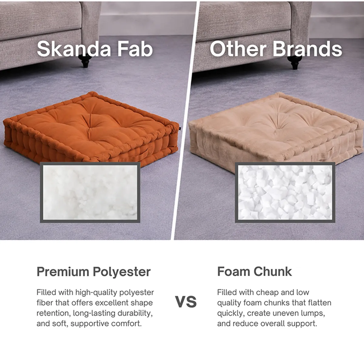 Brown tufted floor cushion shown beside a contrasting cushion in a comparison image