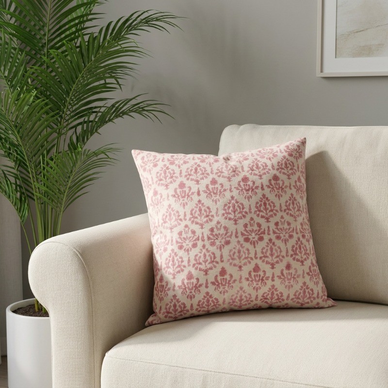Blomira Printed Cotton Cushion Cover - White,Pink