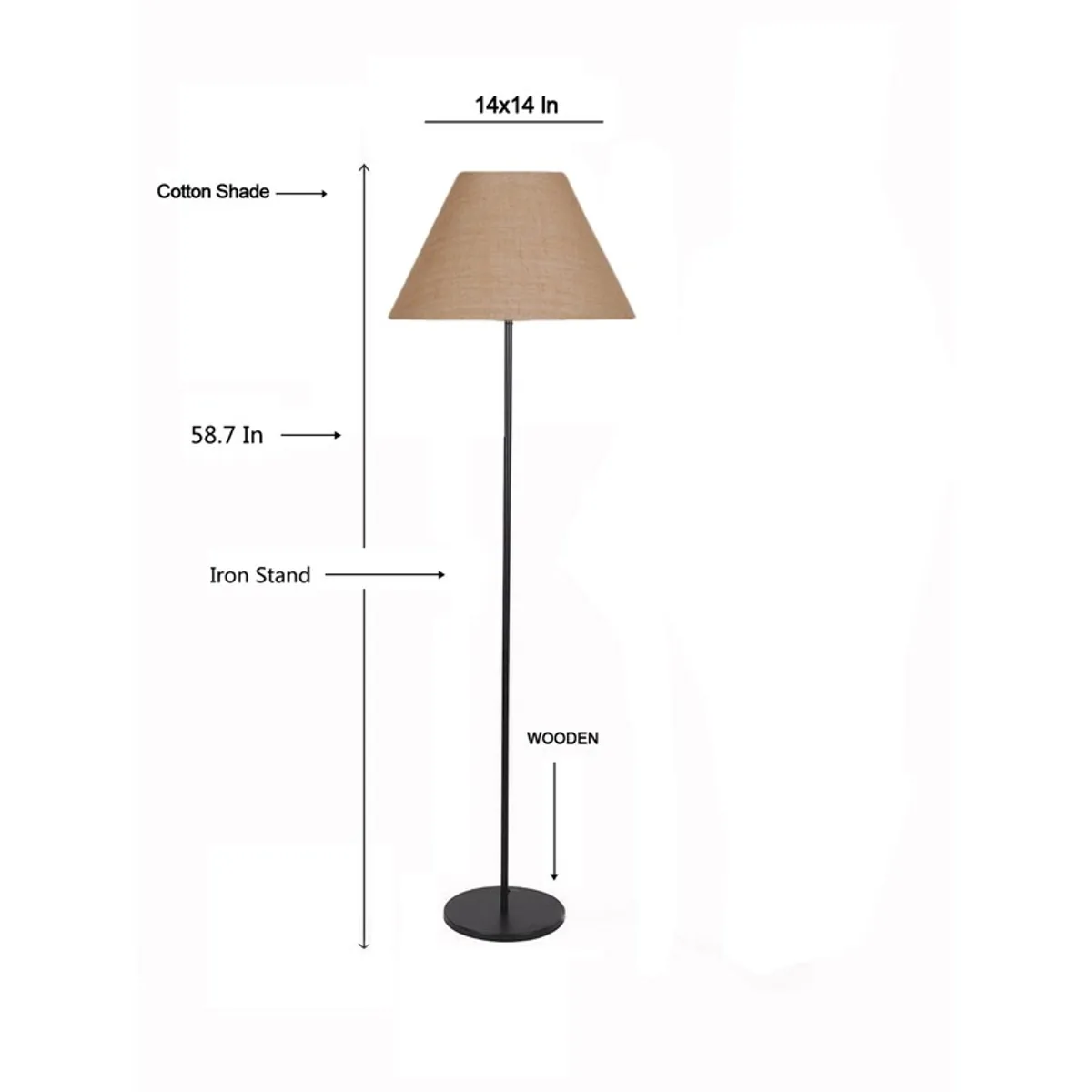 Front view of the floor lamp on a white background with dimension arrows