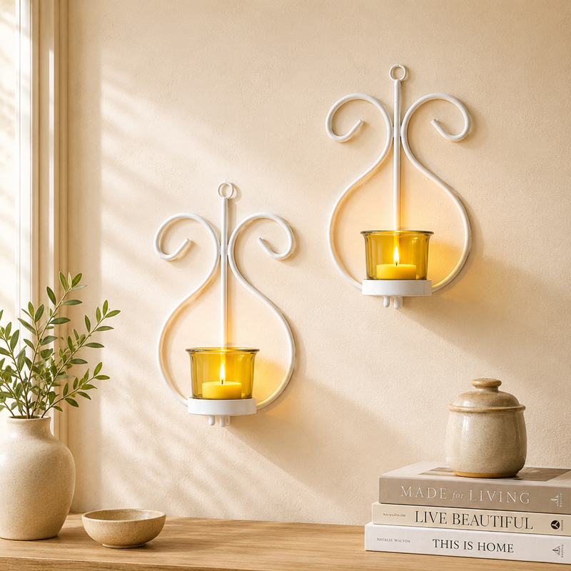 Seina White Frame Sconce Candle Holder (Yellow) - Set Of Two