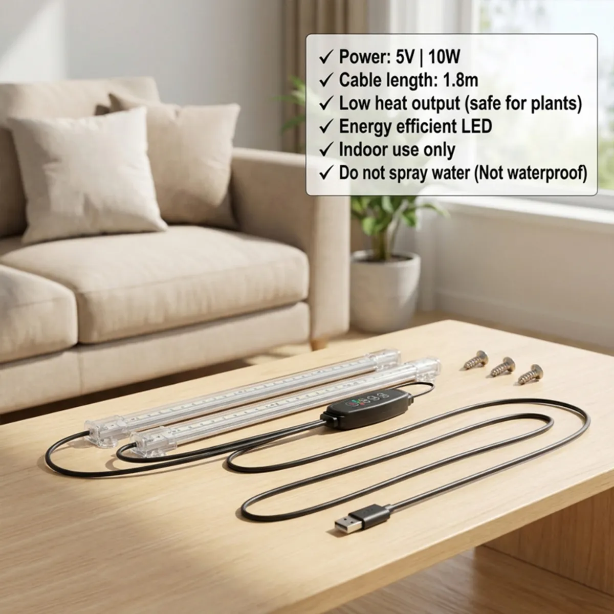 Two-head LED grow light with controller and USB cable arranged on a tabletop