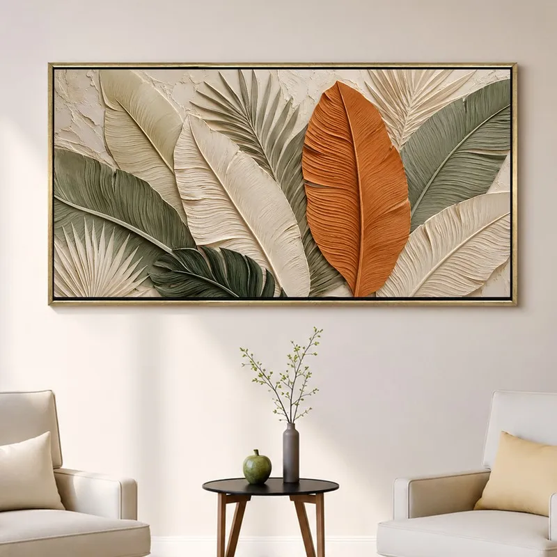 Large botanical canvas wall art with gold-toned frame on a light wall