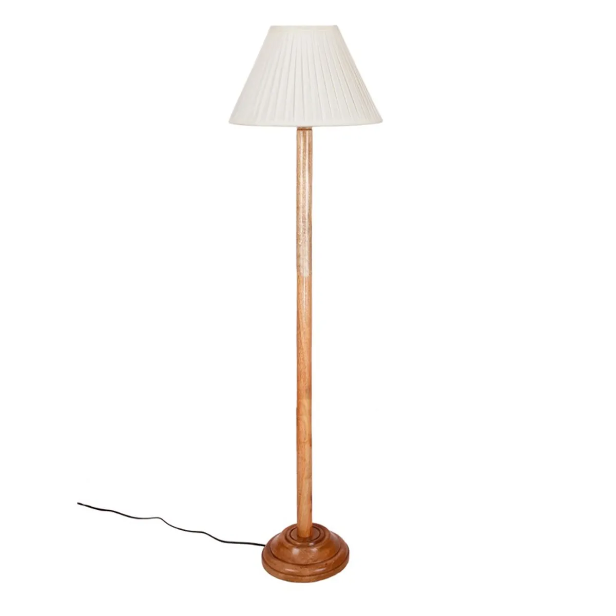 Wooden floor lamp with white pleated shade on a white background