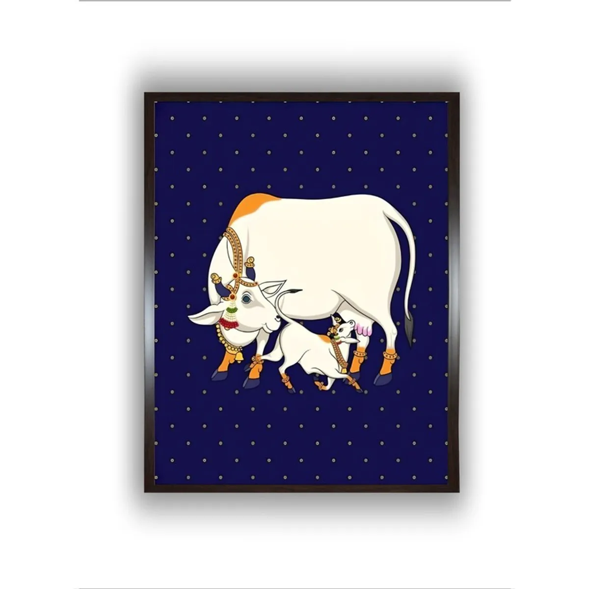 Straight-on view of framed mother and calf artwork on a dotted blue background