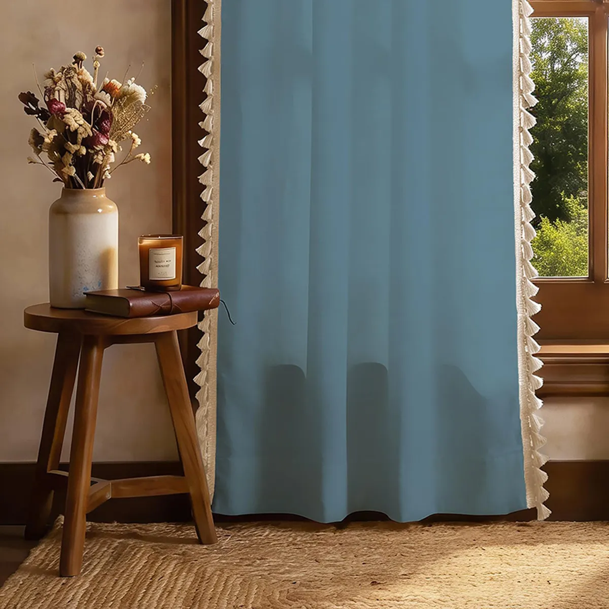 Blue tasseled curtain covering a doorway beside a wooden side table