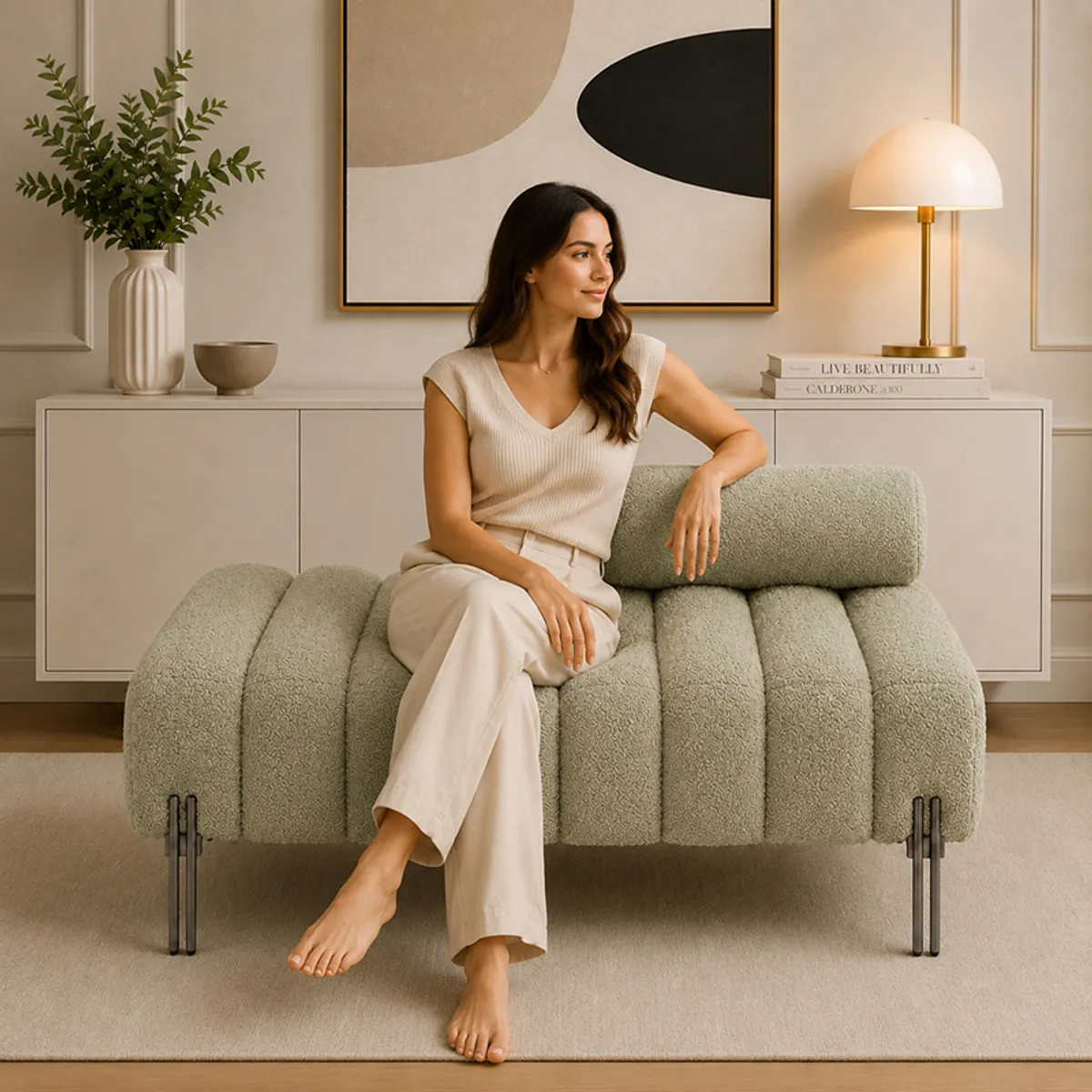 Person seated on a sage green bouclé bench with a cylindrical bolster backrest