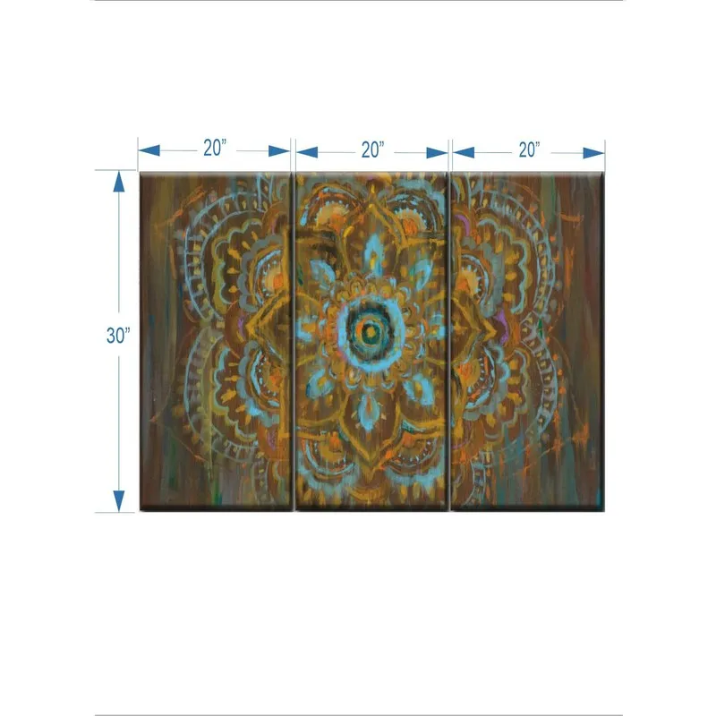 Three-panel mandala canvas art with visible printed size markings