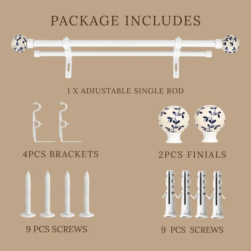 White double curtain rod set with brackets and blue patterned round finials