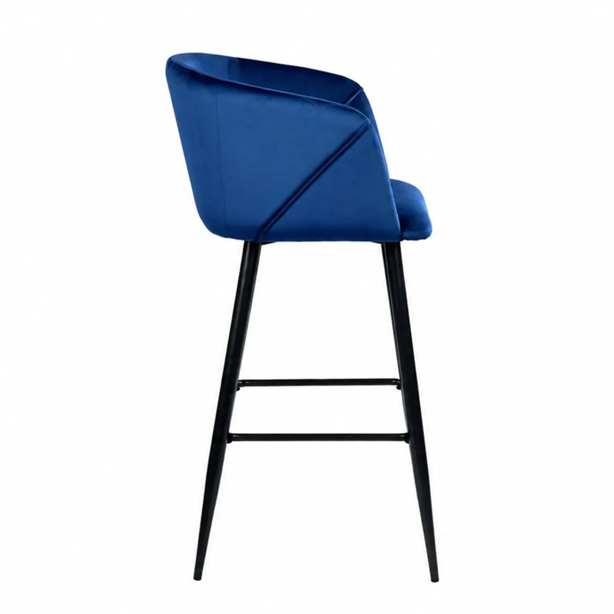 Side view of blue velvet bar chair with black metal frame