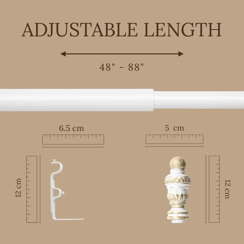 Extendable white curtain rod shown with decorative finial and bracket