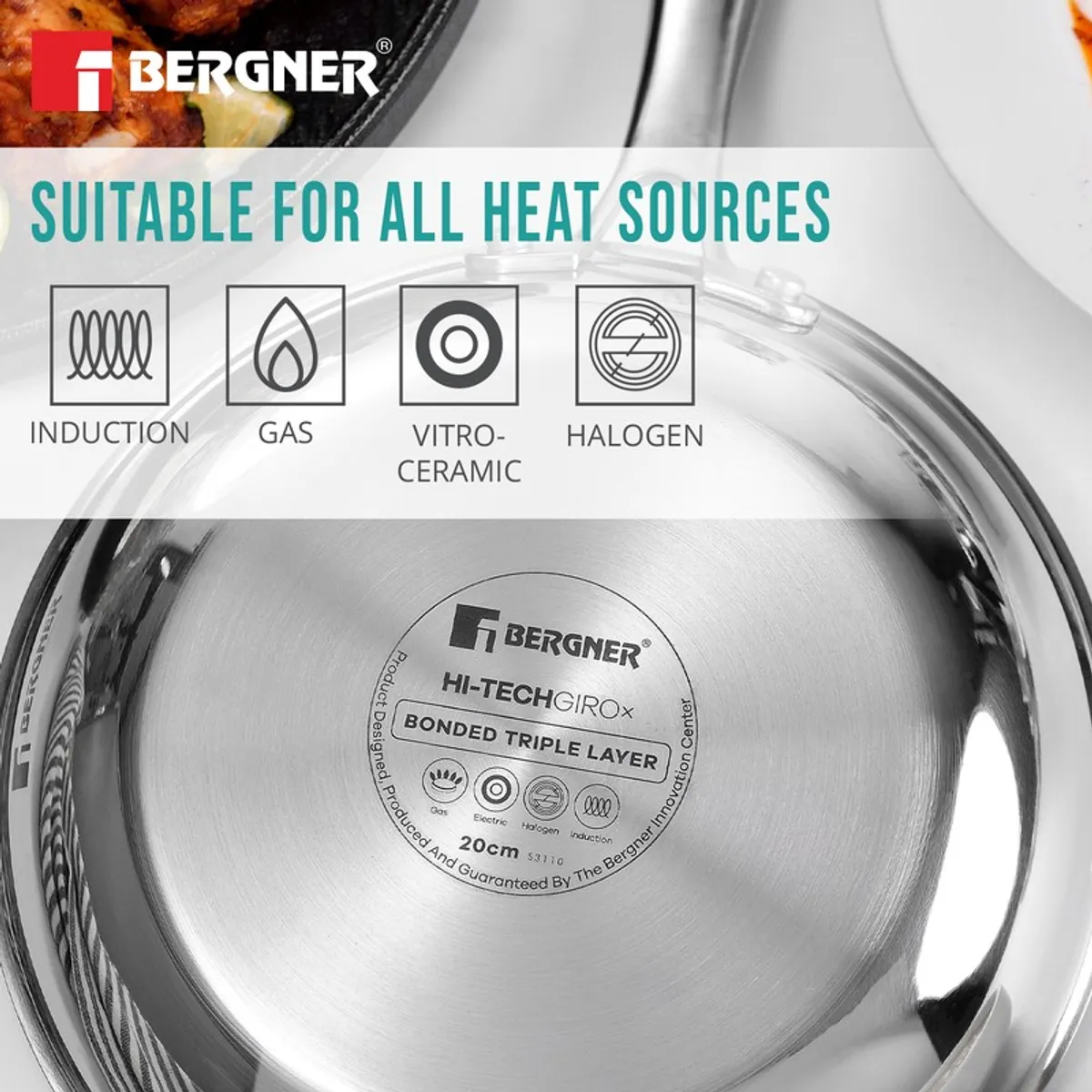Close view of the silver pan base with heat-source symbols
