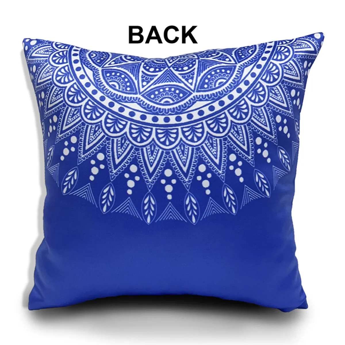 Single blue square cushion cover with a white mandala print