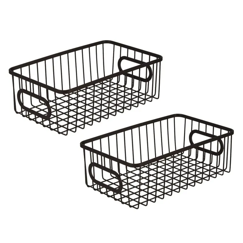 Set of two rectangular black metal wire storage baskets with built-in handles