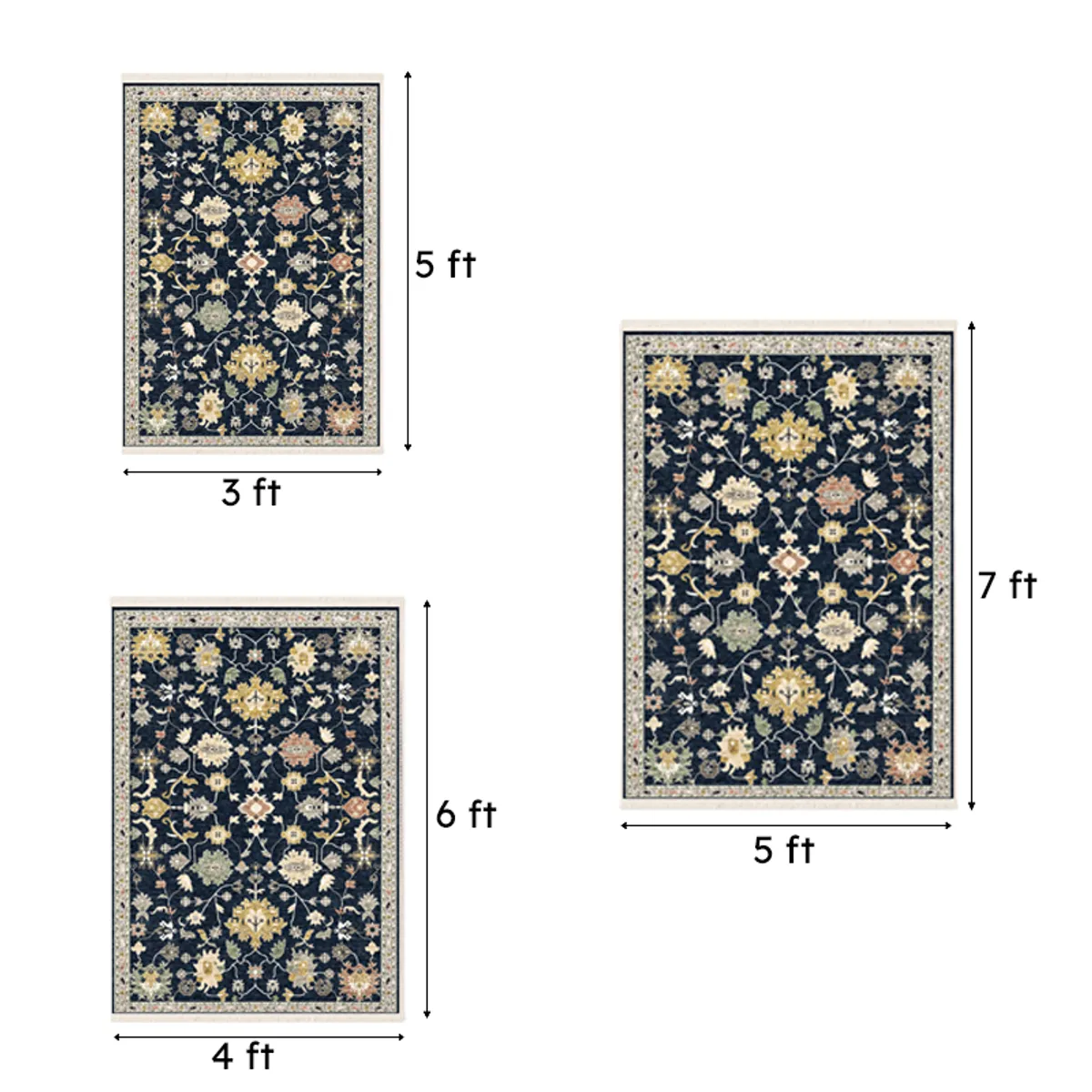 Size comparison graphic showing the carpet's three rectangular size options
