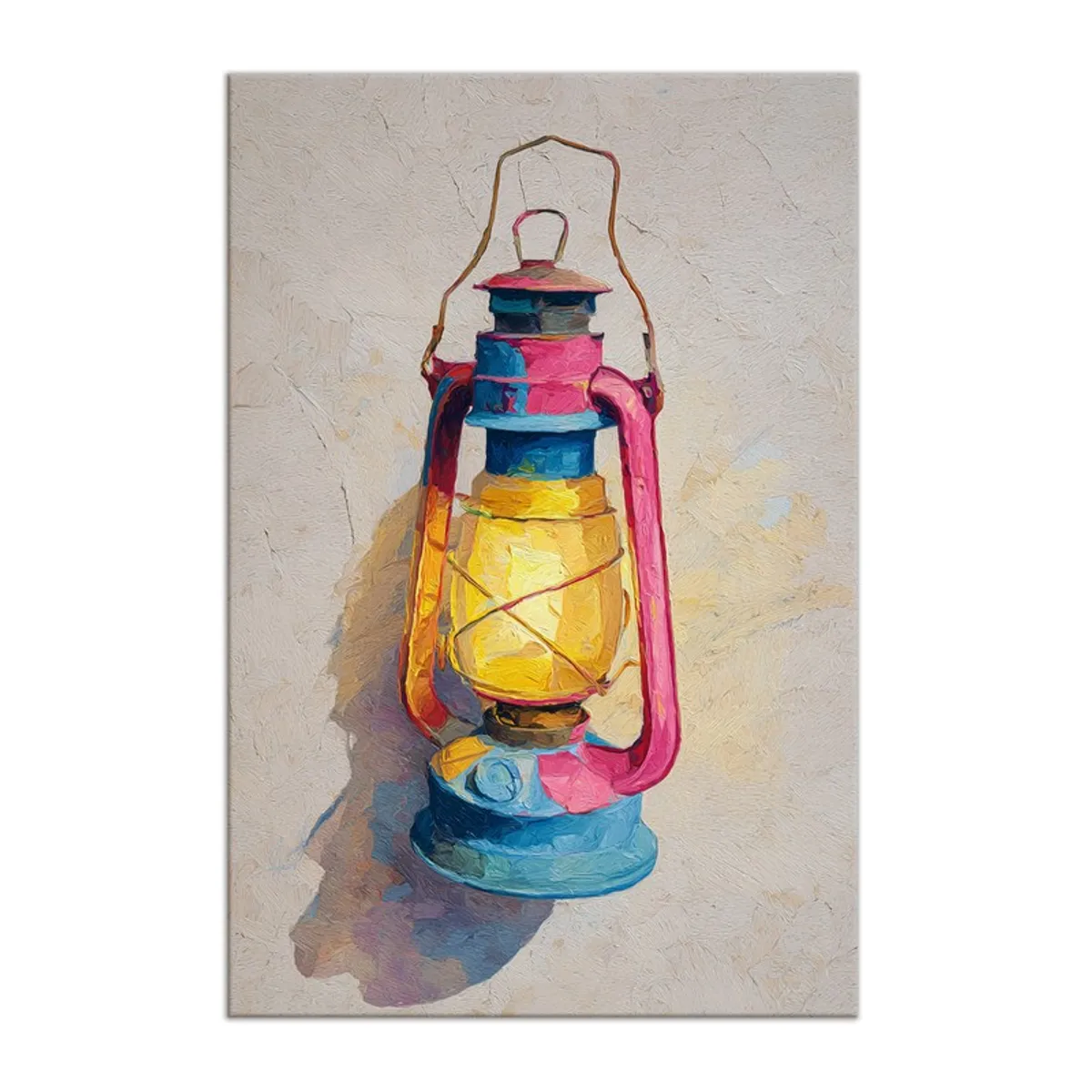 Front view of a rectangular canvas wall painting with a bright lamp motif