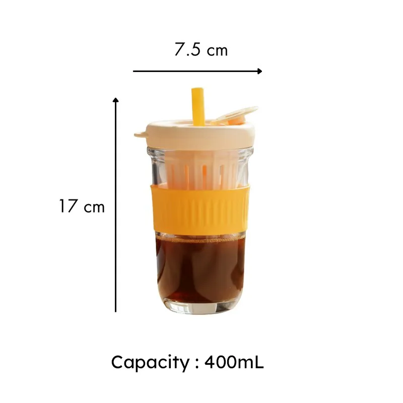 Glass tumbler with orange grip and infuser, shown with capacity graphic