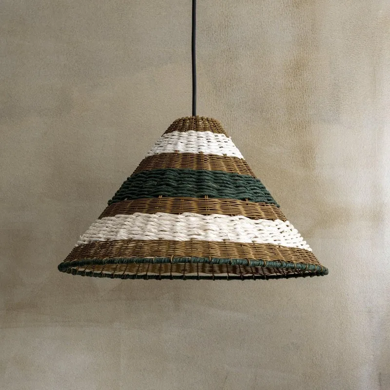 Front view of a conical striped ceiling lamp in brown, white and green