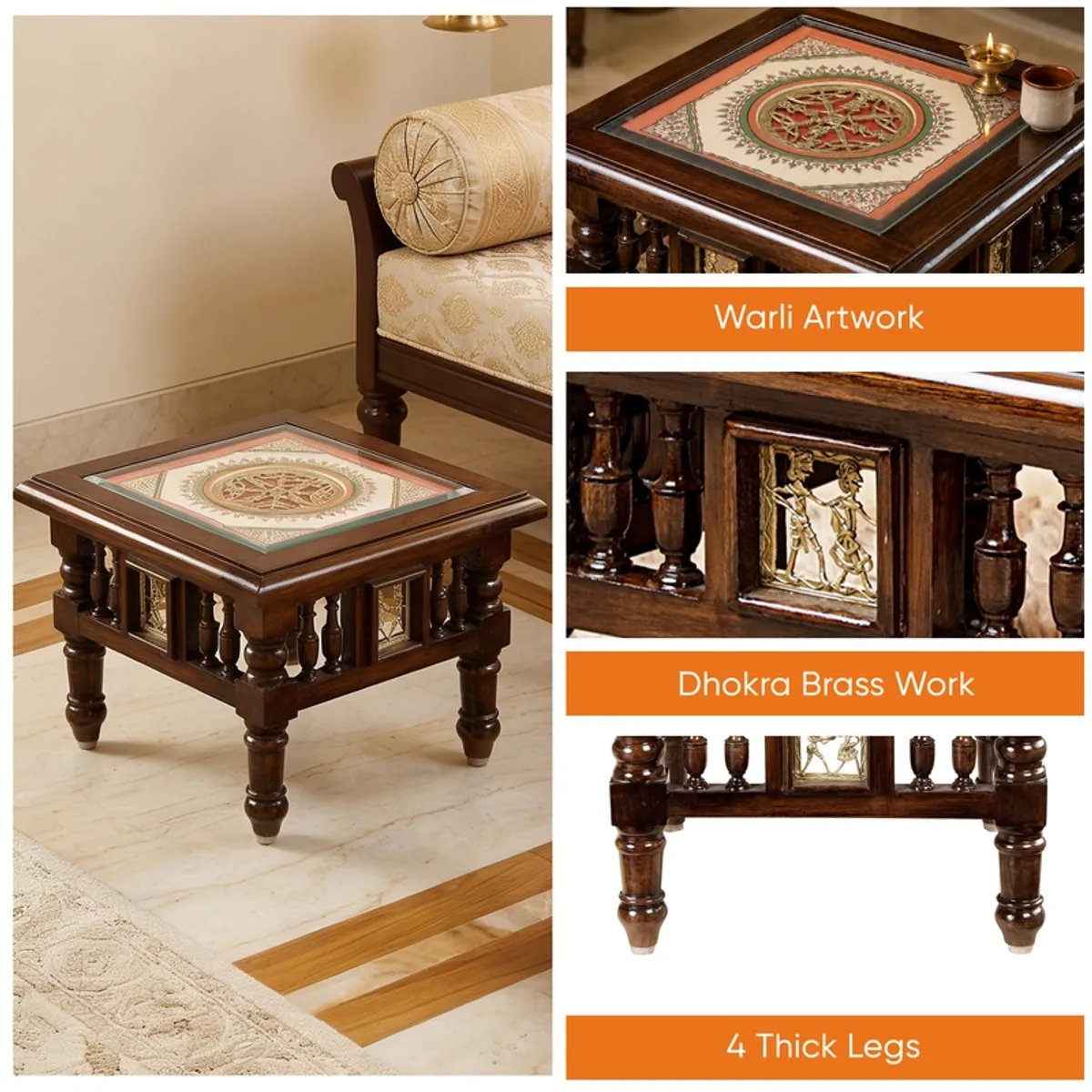Collage showing the side table, tabletop artwork and decorative side panels
