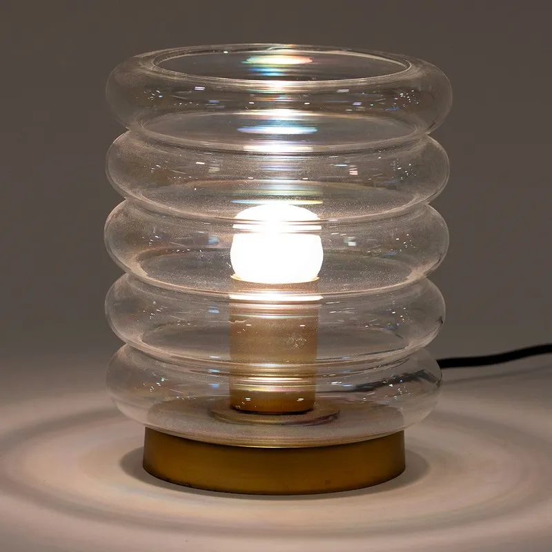 Lit bubble glass table lamp with rounded ribbed glass shade