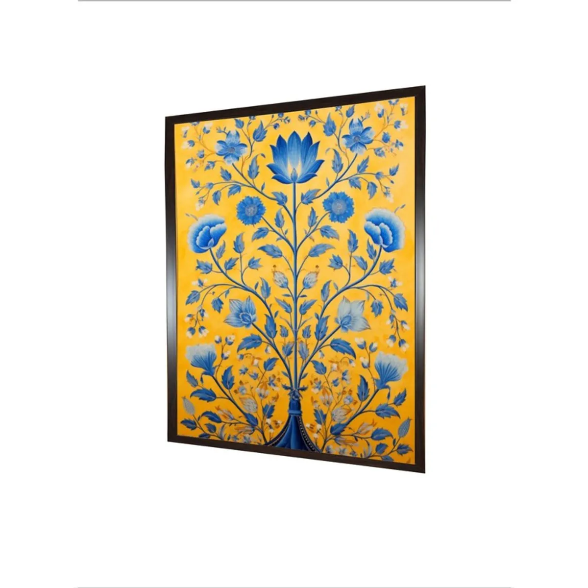 Angled view of rectangular framed blue floral canvas wall painting