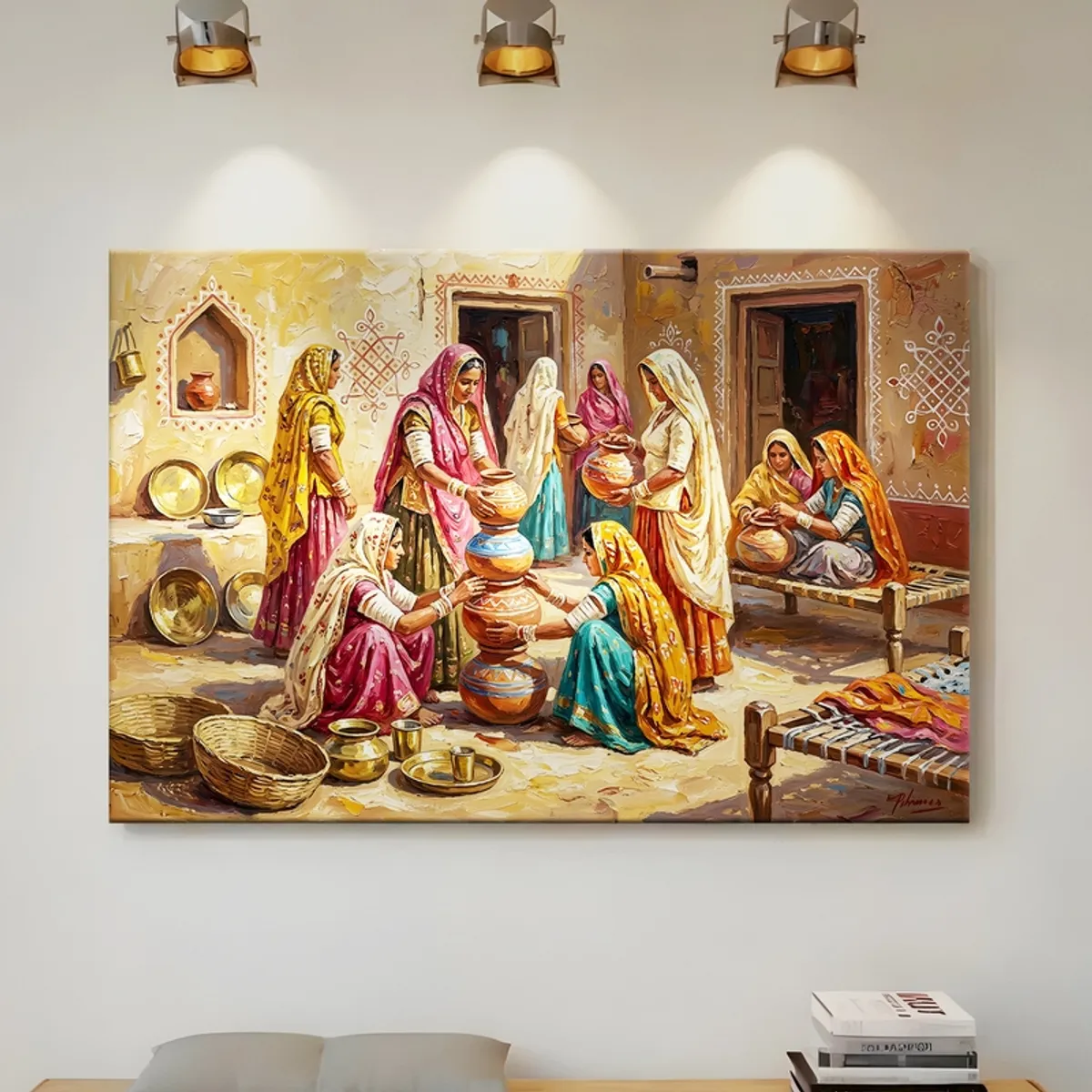 Rajasthani village life wall painting displayed under warm spotlights