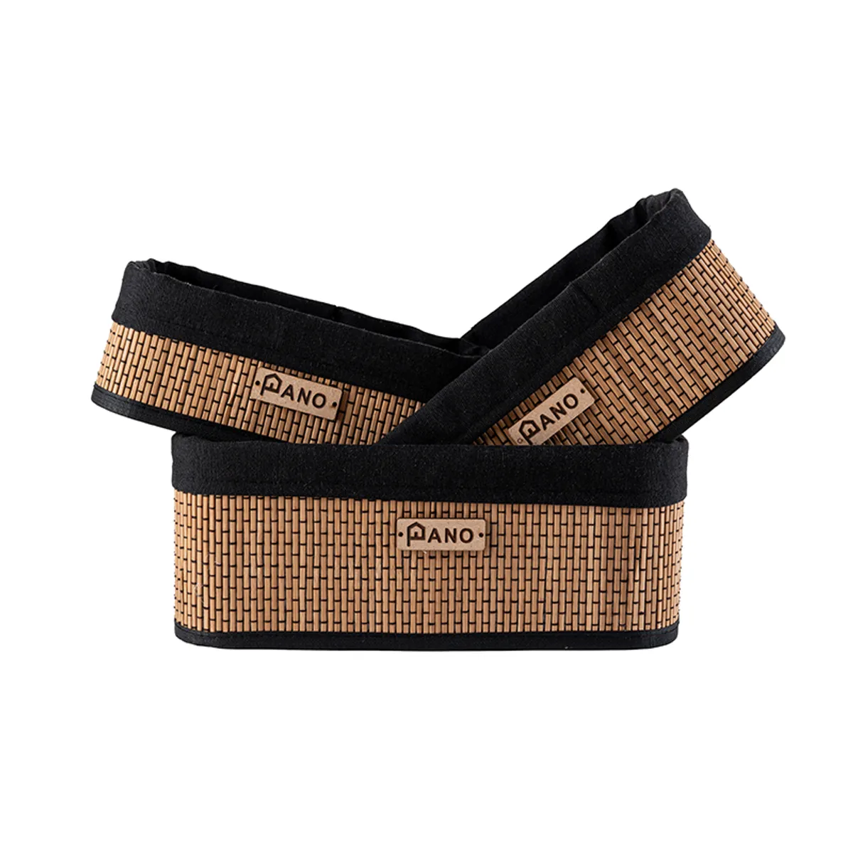 Three rectangular black and natural woven storage baskets stacked together
