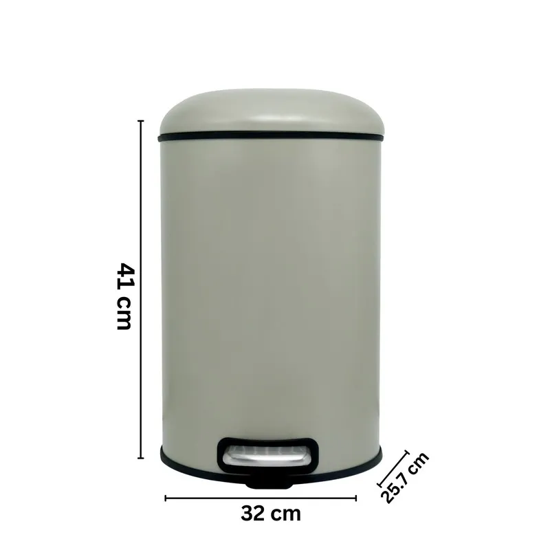 Beige cylindrical dustbin front view with dimensions shown