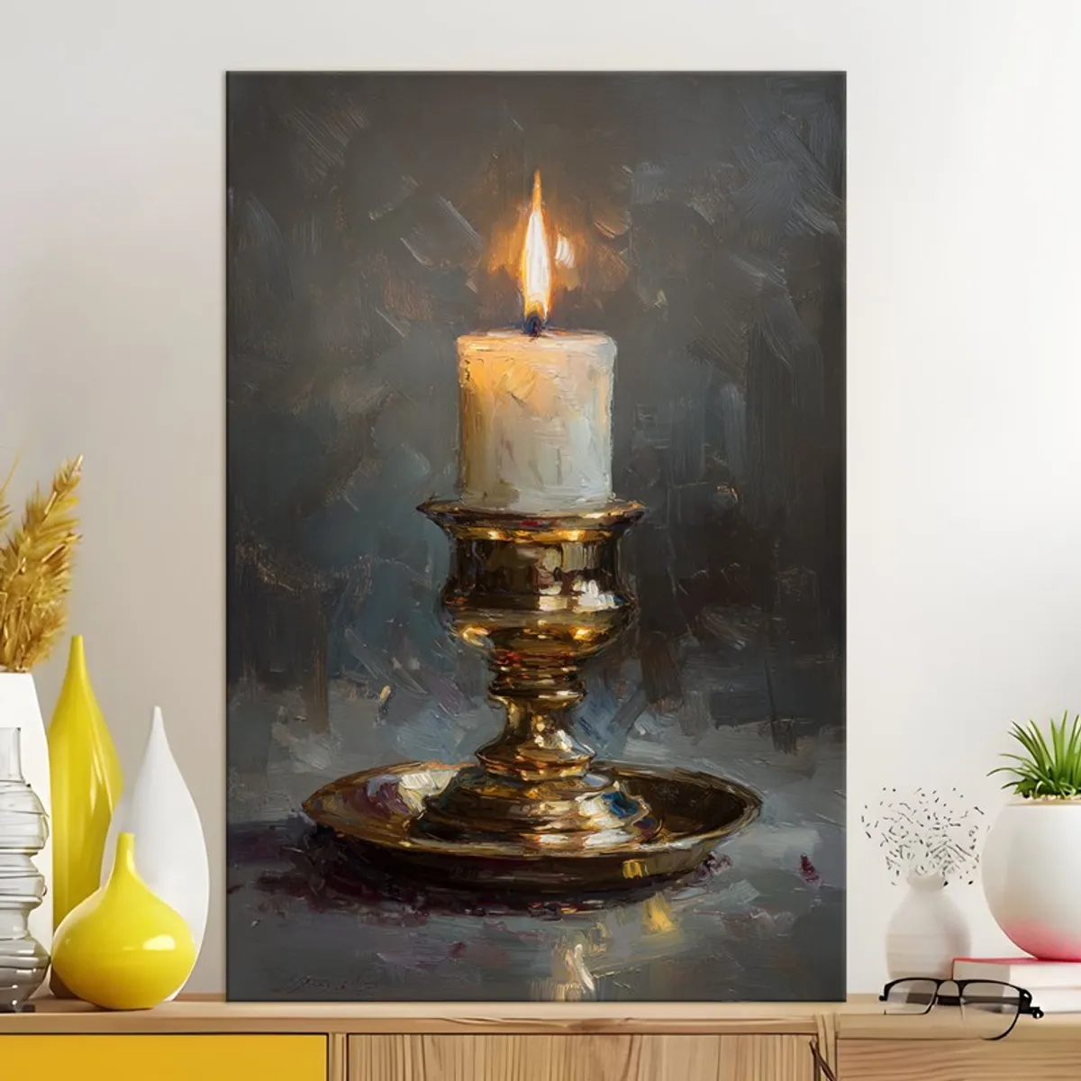 Candle-themed canvas wall art displayed above a console in a styled interior