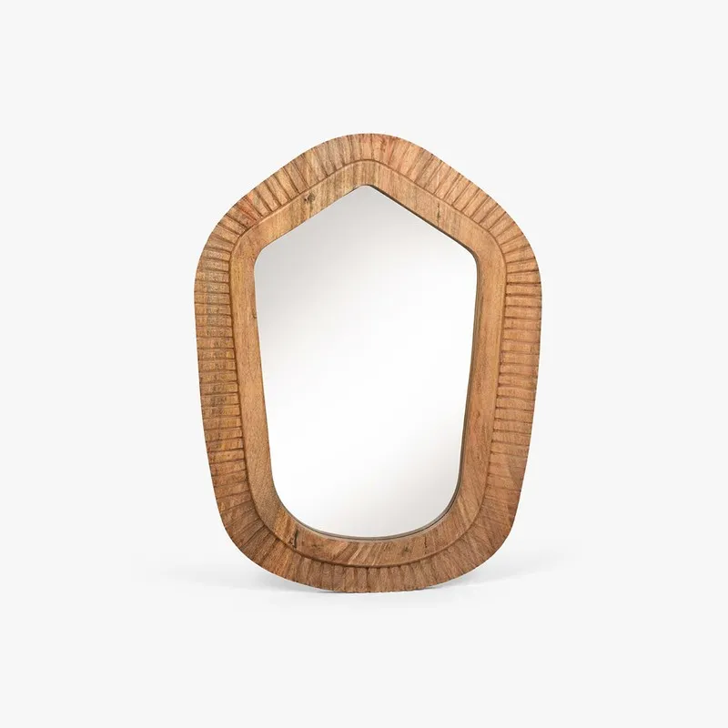 Front view of an arched brown mango wood wall mirror