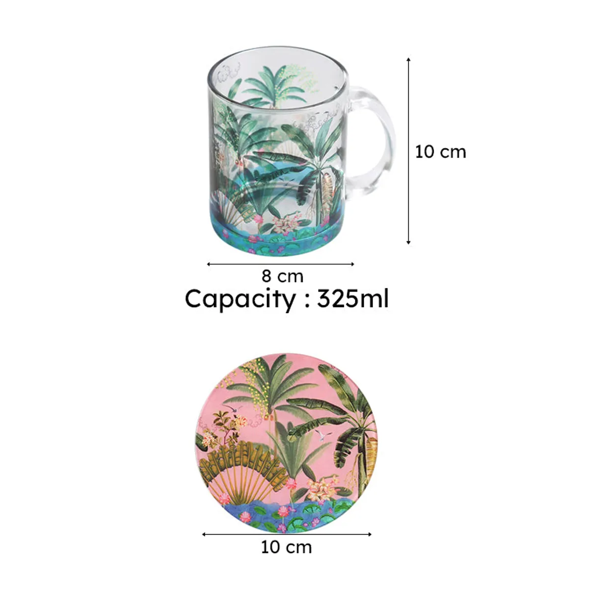 Glass mug and coaster shown with visible 10 cm and 325 ml measurements