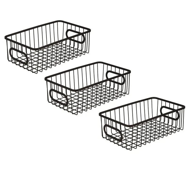 Set of three black rectangular metal wire storage baskets on a white background