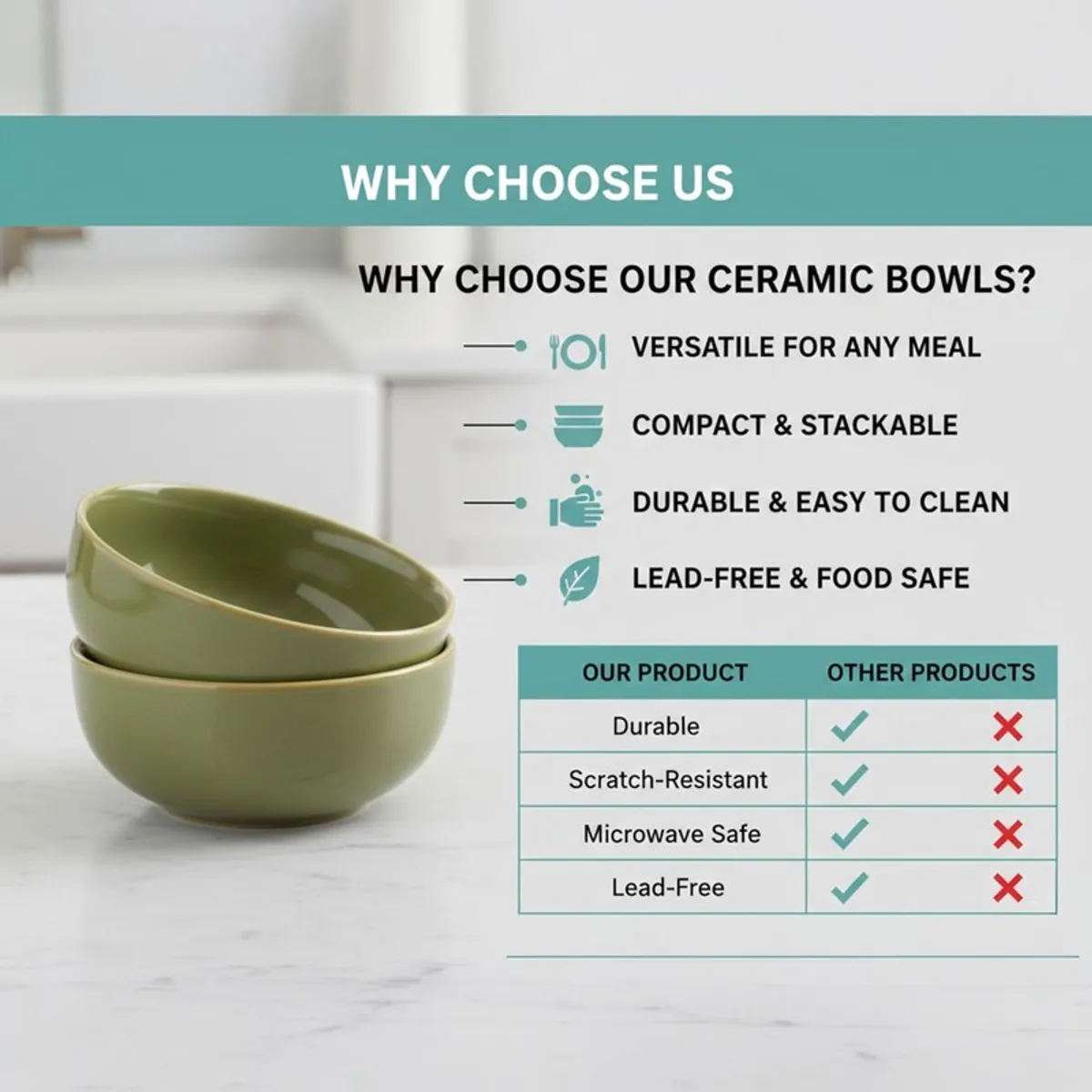 Two stacked green ceramic bowls beside a product comparison graphic