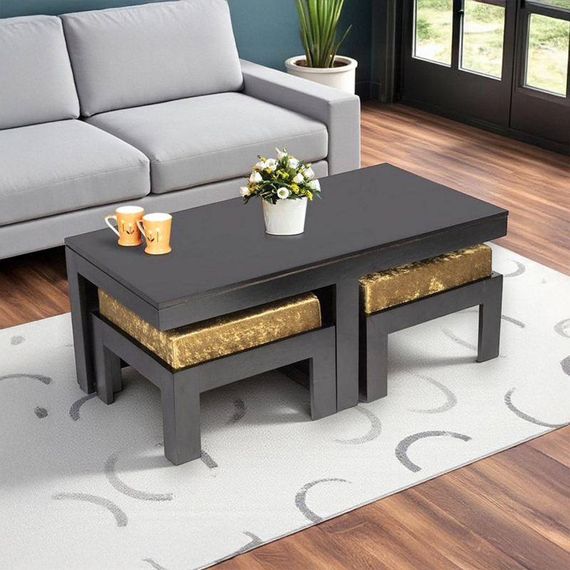 Drexon Sheesham Wooden Center Table with Stools (Black,Gold) - Five Piece Set