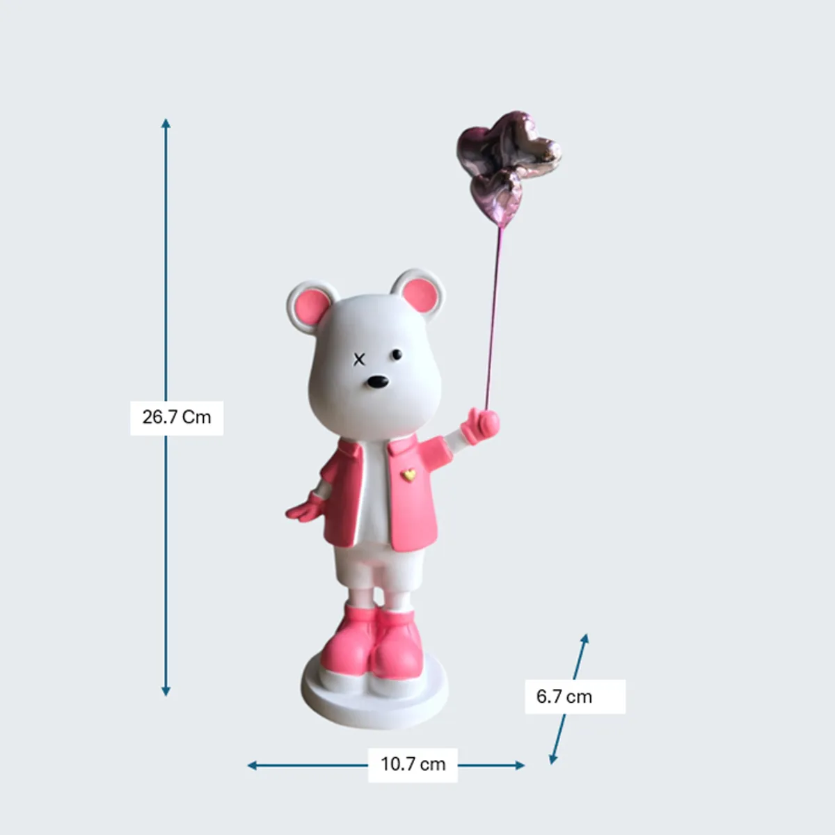 Pink and white bear showpiece shown with height and base measurements